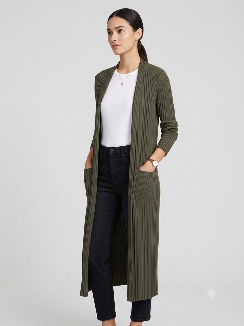 Stateside Women's M Olive Green Ribbed Open Front Long Cardigan Duster Cotton